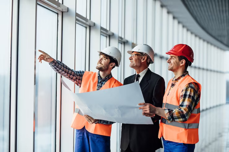 Construction professionals reviewing plans